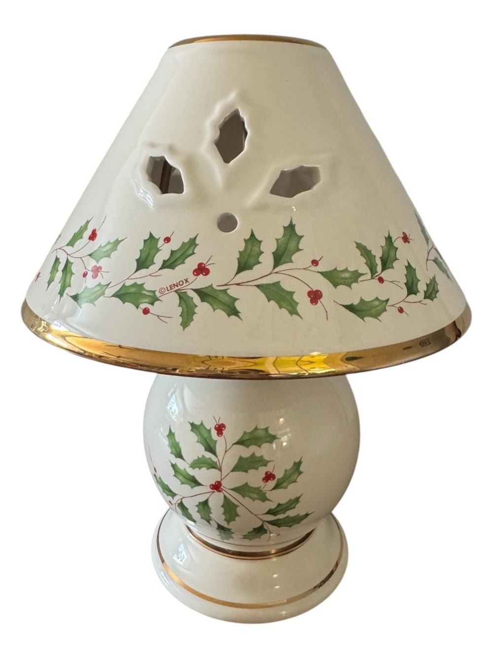 Lenox Holiday Candle Lamp Holly Berries Gold 10” Tea Light